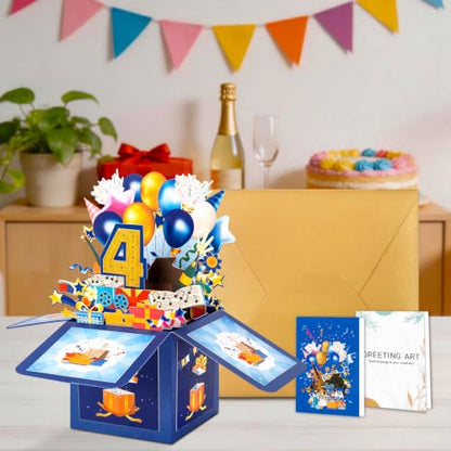 GREETING ART Happy 4th Birthday Pop Up Card,Funny Guitar Ballons Box Themed - color: 4th