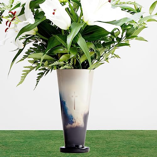 Metal Cemetery Flower Vase with Two Stakes – Heavy Duty Construction for Graves Garden Lawn Yard or Home – Memorial Decoration – 8.5” Vase – Cross in Sky Design
