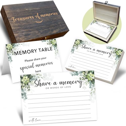 Share A Memory Cards For Celebration of Life Decorations, 50 Psc Share A Memory Box For Funeral Memorial for Funeral Wedding Birthday Graduation Bridal Shower Guest Book Ideas(Greenery) -A01 - color: Greenery, size: Set with Wooden Box