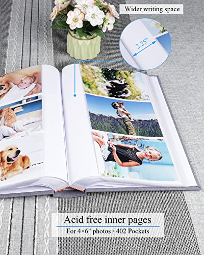 1DOT2 Photo Album for 4x6 Pictures with Writing Space, Grey | Holds 402 Photos,Linen Cover with Front Window, Acid-free Inner Pages, Ideal for Marriage Children Travel Family - color: Grey