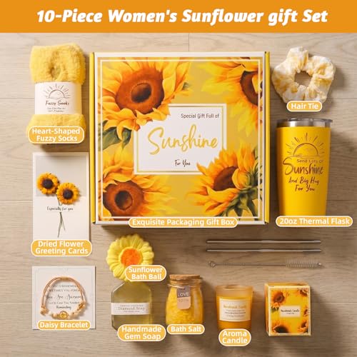 Get Well Soon Gift Baskets for Women,Self Care Gift Package Box, Birthday,Spa & Sympathy Care Package Gifts Set for Mom, Wife, Girlfriend, Sister & Friends - color: Sunflower