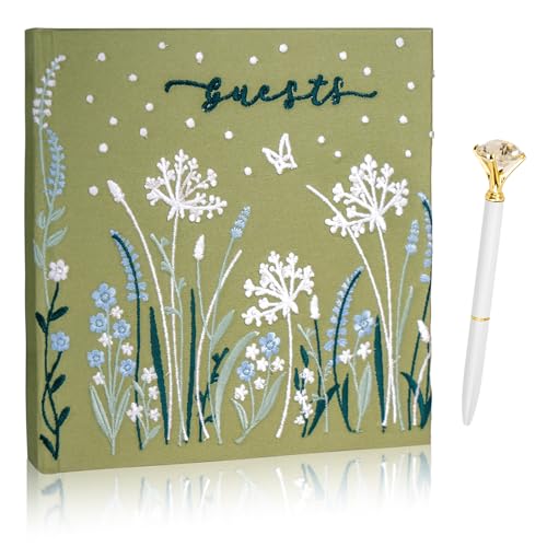 Embroidered Wedding Guest Book—The Perfect Polaroid Guest Book for Wedding Receptions, Birthdays, Baby Showers, and Special Events with 3 Photo corner stickers+ 3 DIY pens+1 Diamond Pen (green) - color: Green