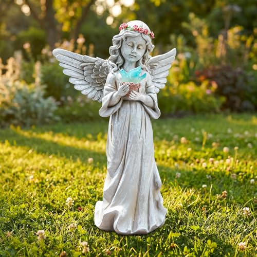 Angel Garden Statue, Solar Angel Figurines Hold Bird's Nest with LED Lights - style: Dove