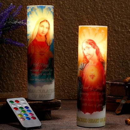 Landhoow Immaculate Heart of Mary and Sacred Heart of Jesus 2 LED Candle | Flameless Wax ,Religious LED Prayer Candles, Battery Operated Remote, Safe for Baptism Church Home Altar - style: Immaculate Heart of Mary and Sacred Heart of Jesus