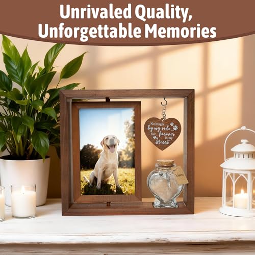 Dog Memorial Gifts for Loss of Pet - Rotating Wooden Frame for 4x6 Photo & Fur Hair Jar - Sympathy Gift for Pet Bereavement, Remembrance Keepsake - Rainbow Bridge Gift for Cat Lovers