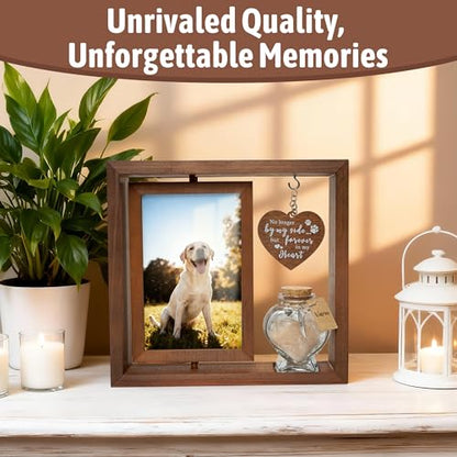Dog Memorial Gifts for Loss of Pet - Rotating Wooden Frame for 4x6 Photo & Fur Hair Jar - Sympathy Gift for Pet Bereavement, Remembrance Keepsake - Rainbow Bridge Gift for Cat Lovers