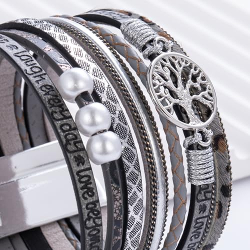 Tree of Life Inspirational Leather Wrap Bracelets Boho Western Cowgirl Cuff - color: Gray Cheetah