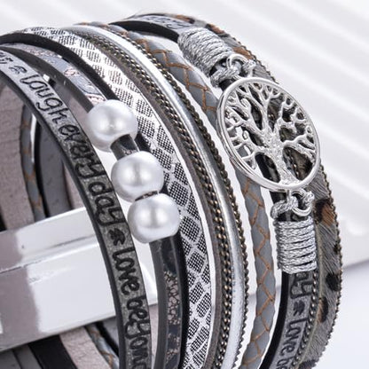 Tree of Life Inspirational Leather Wrap Bracelets Boho Western Cowgirl Cuff - color: Gray Cheetah