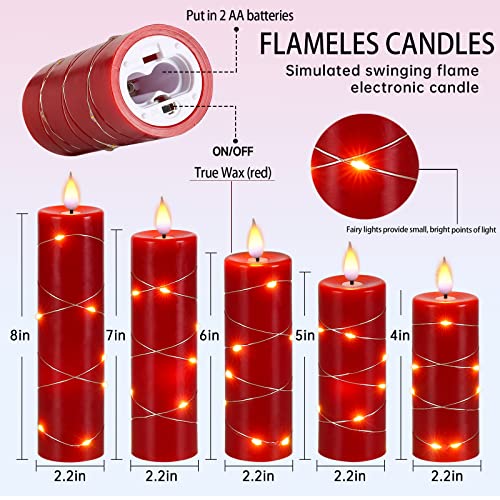 Red Flameless Candle with Remote Control LED Candle with String Lights Battery Powered Flameless Candle4'' 5'' 6'' 7'' 8'' Candles of 5 Pcs - size: Red - 5 Pack