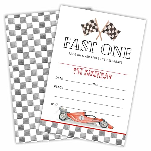 1st Racing car Birthday Invitation, 20 Birthday Invite Cards With Envelopes, First Birthday Double-Sided Fill In Style Invites For Boys & Girls, Party Favor & Decorations - C06 - color: 1st Racing car