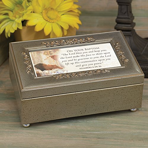 Cottage Garden Your Baptism Silvertone Embossed Floral Jewelry Music Box Plays Amazing Grace