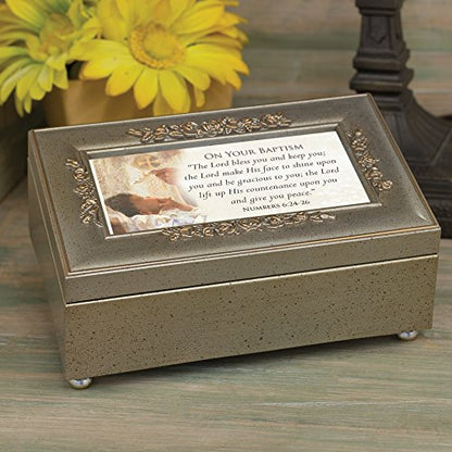 Cottage Garden Your Baptism Silvertone Embossed Floral Jewelry Music Box Plays Amazing Grace