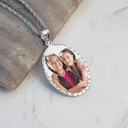 Oval w/Diamond Cut Edge Custom Photo Engraved Pendant - in Solid 14K, 10k, Yellow, White, Or Sterling Silver - color: Solid 10K White Gold With Engraving, size: 3/4 x 1 Inch