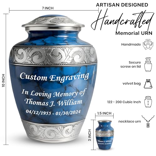 Set of 6 Custom Engraved Cremation Urns for Human Ashes Includes 1 Large Urn with 4 Small Keepsakes & 1 Silver Necklace - Fire Blue - color: Fire Blue Custom Urn Set