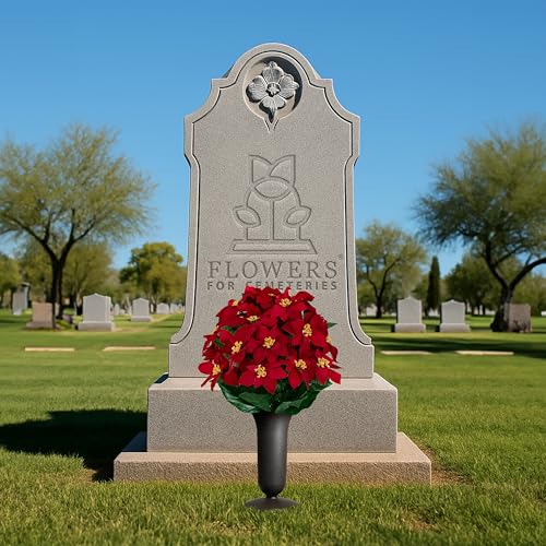 Artificial Cemetery Flowers - Gravesite Memorial Arrangment - Red Poinsettia (1) Bouquet (1) Vase - color: Red, size: (1) Bouquet (1) Vase