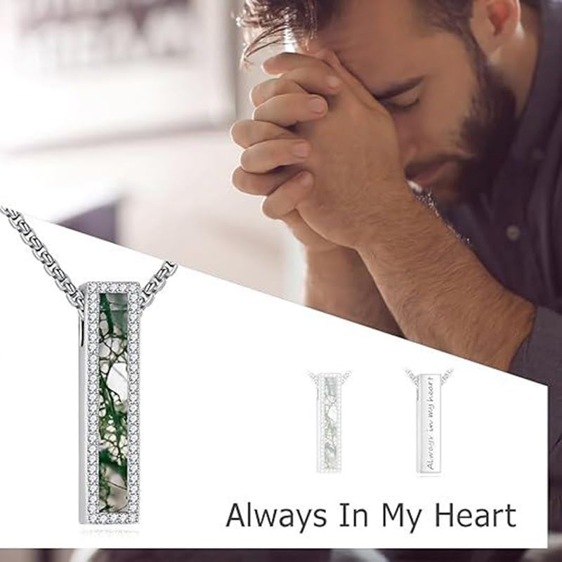 Cremation Urn Necklace for Ashes 925 Sterling Silver Moon Phase/Tree of Life/Hummingbird/Moss Agate/Opal/Compass/Mountain/Butterfly/Turquoise/Sunflower/Dragonfly/Cross Pendant Necklace Cremation Memorial Keepsake Urn Jewelry for Women Men - style: Moss Ag