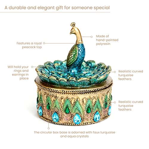 Bits and Pieces Peacock Jewelry Box Small Trinket Box | Jewelry Boxes for Women - Peacock Figurine Lid - Decorative Thinket Boxes for Home Decor - Peacock Decorations