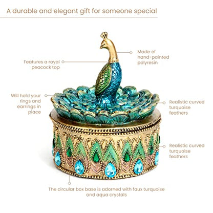Bits and Pieces Peacock Jewelry Box Small Trinket Box | Jewelry Boxes for Women - Peacock Figurine Lid - Decorative Thinket Boxes for Home Decor - Peacock Decorations