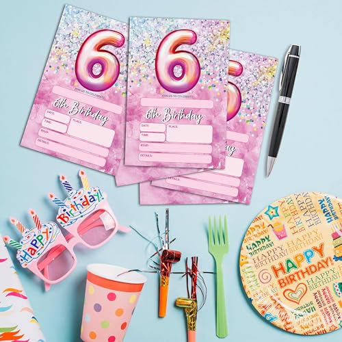Birthday Invitations - Pink 6th Birthday Invites with Envelopes(25-Count) - Rainbow Foil Fill-in Party Invite Cards for Girls Kids Party Supplies Favors Decorations - A20 - style: Pink 6th