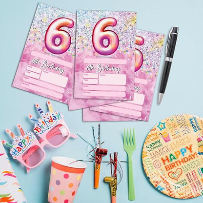 Birthday Invitations - Pink 6th Birthday Invites with Envelopes(25-Count) - Rainbow Foil Fill-in Party Invite Cards for Girls Kids Party Supplies Favors Decorations - A20 - style: Pink 6th