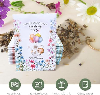 25 Wildflower Seed Packets - Baby Shower Favors for Guests - Gender Reveal Party Supplies - Wild Flower Seeds Throw and Grow Perennial & Annual Mix to Attract Pollinators Bees and Butterflies Non-GMO