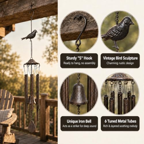 Bird Wind Chimes for Outside, 29.5-Inch Metal Memorial Sympathy Garden Gift