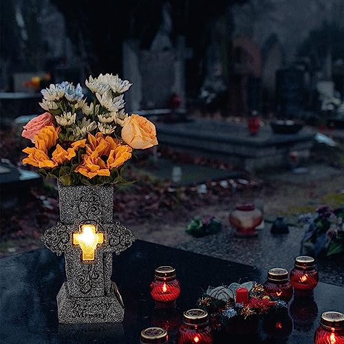 HUYIENO Solar Cemetery Vase with LED for Fresh/Artificial Flowers Grave Flower Cross Vase Headstones Vases with Spikes Gravestone Decor Memorial Gifts for Loss of Loved One - style: Large Cross