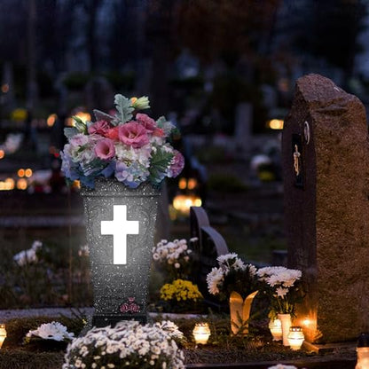 Solar Cemetery Vase with LED Cross Lamp Memorial Flower Holder - color: Square Cross