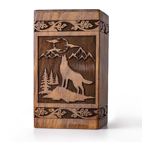 Wooden Cremation Urns for Human Ashes 120 lbs - Decorative Funeral, Burial Urn for Adult Female & Male - Wood Urn for Women, Men & Loved Ones - Wolf - size: Small - 120 Cu/in