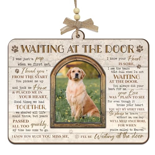 Dog Memorial Gift – Waiting at The Door Wooden Ornament – Ideal Sympathy Gift for Someone Who Just Lost a Dog – Pet Memorial Ornament – Add Your Own Pup Photo – in Loving Memory Keepsake - color: Beige