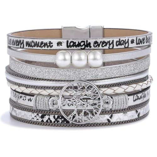 Tree of Life Inspirational Leather Wrap Bracelets Boho Western Cowgirl Cuff - color: Silver