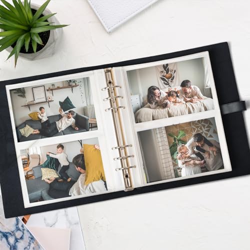 Photo Album 4x6 200 Photos, Genuine Leather Albums Page Refillable with 30 Pieces Writing Paper, Best Gift for Travel Wedding Kids Graduation Baby Picture Album Scrapbook - color: Black