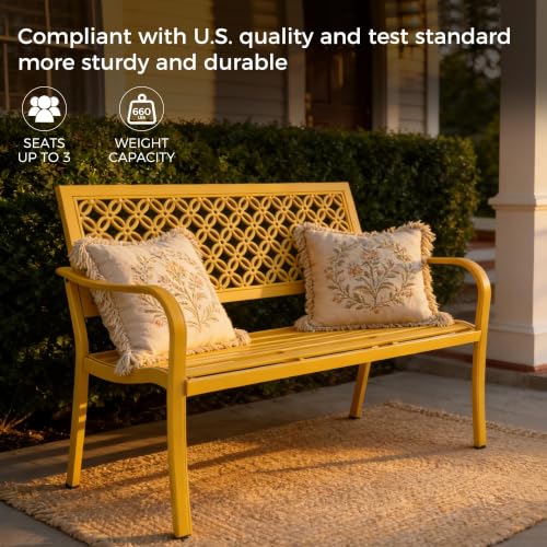 Grand patio 50" Outdoor Bench, Garden Bench with Armrests, Yellow | Anti-Rust Metal Powder Coated Frame, Patio Bench for Front Porch Park Outside Furniture - color: Sunflower Yellow