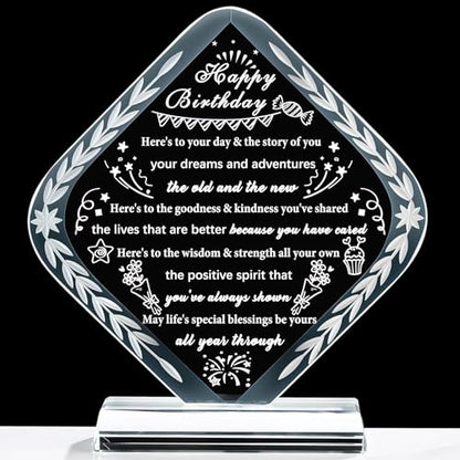 YWHL Happy Birthday Gifts for Women Men, Laser Engraved Glass Bday Plaque Gifts for Her Him Happy Birthday Decorations Unique Bday Gift Ideas for Mom Dad Grandma Wife Friends - style: Happy Birthday Gifts