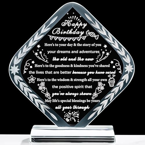 YWHL Happy Birthday Gifts for Women Men, Laser Engraved Glass Bday Plaque Gifts for Her Him Happy Birthday Decorations Unique Bday Gift Ideas for Mom Dad Grandma Wife Friends - style: Happy Birthday Gifts