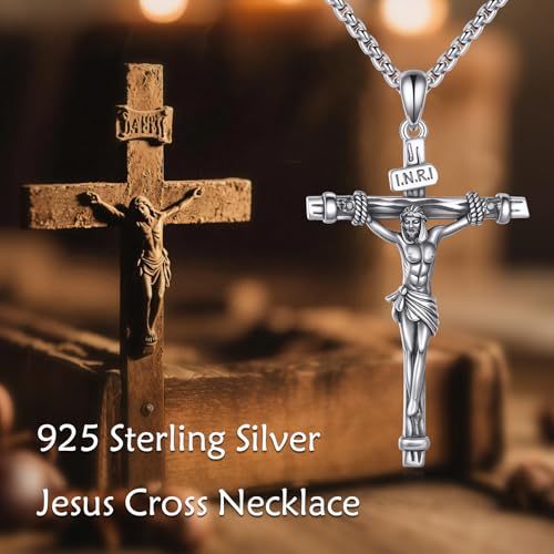 925 Sterling Silver Cross Necklace for Men & Women Crucifix Jesus/Cross Pendant with 22"+2" Stainless Steel Chain Jewelry Gift for Christmas, Father's Day, Mother's Day, Birthday-Gift Box Included - style: B07 Crucifix