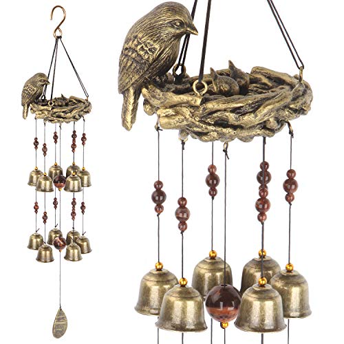 Bird Nest Wind Chime, Bird Bells Chimes with 12 Wind Bells for Glory Mother’s Love Gift, Garden Backyard Church Hanging Decor, Bronze