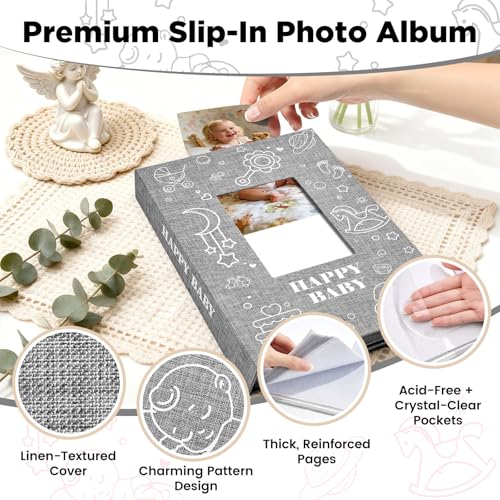 Baby Photo Album 4x6 300 Pockets with Memo Area, Photo Stickers & Hand and Footprint Kit, Linen Cover Baby Memory Book with Front Window, First Year Keepsake for Newborn Boy Girl - color: Gray