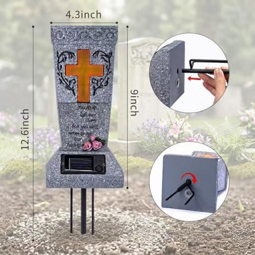 HUYIENO Solar Cemetery Vase for Grave Decor Cemetery Decor Waterproof Memorial Fresh or Artificial Flowers Holder with Warm Cross Light Sympathy Gifts for Loss of Loved One - style: Cross