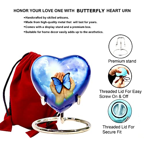 Blue Butterfly Small Love Heart Urn for Human Ashes Remains - Funeral Gift Set of Mini Heart Urn - Display Stand - Velvet Carry Bag - A Paper Funnel - Magnetic Closure Gift Box - color: Blue Butterfly in Hand-heart