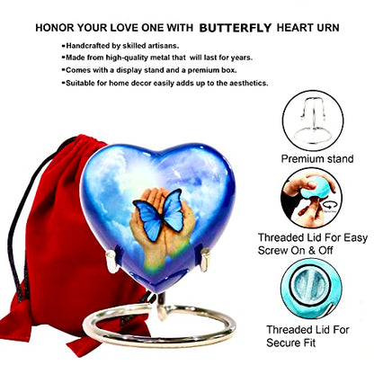 Blue Butterfly Small Love Heart Urn for Human Ashes Remains - Funeral Gift Set of Mini Heart Urn - Display Stand - Velvet Carry Bag - A Paper Funnel - Magnetic Closure Gift Box - color: Blue Butterfly in Hand-heart
