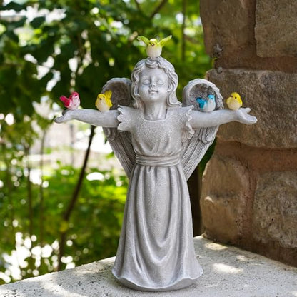 Angel Garden Statue with 5 Birds Solar Lights, Resin Cherub Figurine | Outdoor Decor for Garden Porch Yard, Gift for Women, Teacher, Mother, Birthday, Housewarming