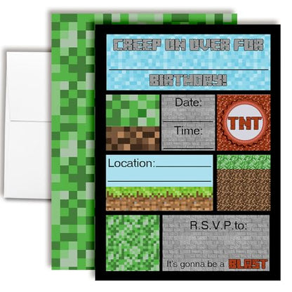 Amanda Creation Pixel Miner Birthday Invitations, 20 Pack 5x7 Fill-In Video Game Birthday Invitations for Boys with White Envelopes, Made in USA - color: Creepy Pixel Miner