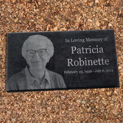 Black Granite Memorial Headstone for Lost Loved Ones, Dogs, Cats, and Family Pets. " Great for Your Garden, Tree Dedication, or in a Cemetery. Includes your personal photo and text. (24 x 12 x 2") | Includes photo and text for lost loved ones, dogs, cats,