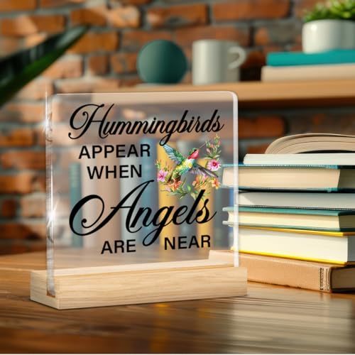 Loss of Loved One Sympathy Gifts, Bereavement Memorial Gifts for Women Men, Hummingbirds Appear When Angels Are Near Acrylic Plaque Sign with Wooden Stand Home Decor0605