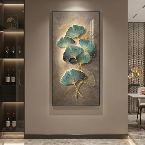 Framed LED Vertical Wall Art for Living Room, Modern Luxury Ginkgo 30x60 In - color: Green Ginkgo Leaf Wall Art