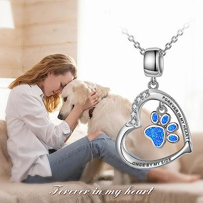 YFN Paw Print Necklace Sterling Silver Dog Cat Charms Pendant Cremation Jewelry Cat Dog Memorial Gifts for Women Girls - color: Blue Opal