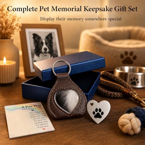 Pet Memorial Gifts for Loss of Dog or Cat, Pet Fur Keepsake with Heart Window, Pet Hair Memorial Holder with Paw Print Pocket Hug, Gifts from Rainbow Bridge, Sympathy Gift for Pet Owners