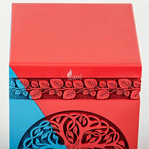 Wooden Cremation Urn for Human Ashes, 640 Cu in, XX-Large, Blue & Red | Hand-carved wood, blue and red, screw-locked sliding base, engraving available, holds two adults, to 640 lb combined - color: Blue & Red, size: XL - 14Hx7.5W (640 Cu/In)