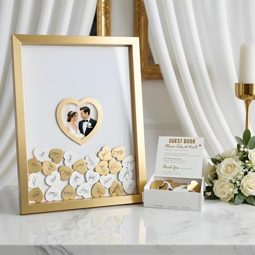 Gold Wedding Guest Book Alternative, Guest Book Wedding Reception, Wedding Guest Book with Wooden Hearts Guest Book Signs for Wedding Anniversary Birthday Party Baby Shower - color: Gold